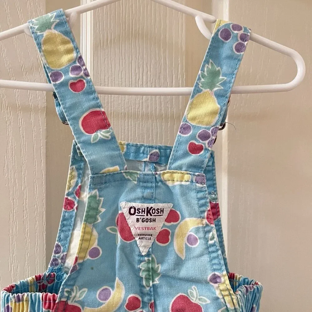 Vintage Oshkosh B'gosh Blue Fruit Shortalls Romper USA Girls Size 18 Months